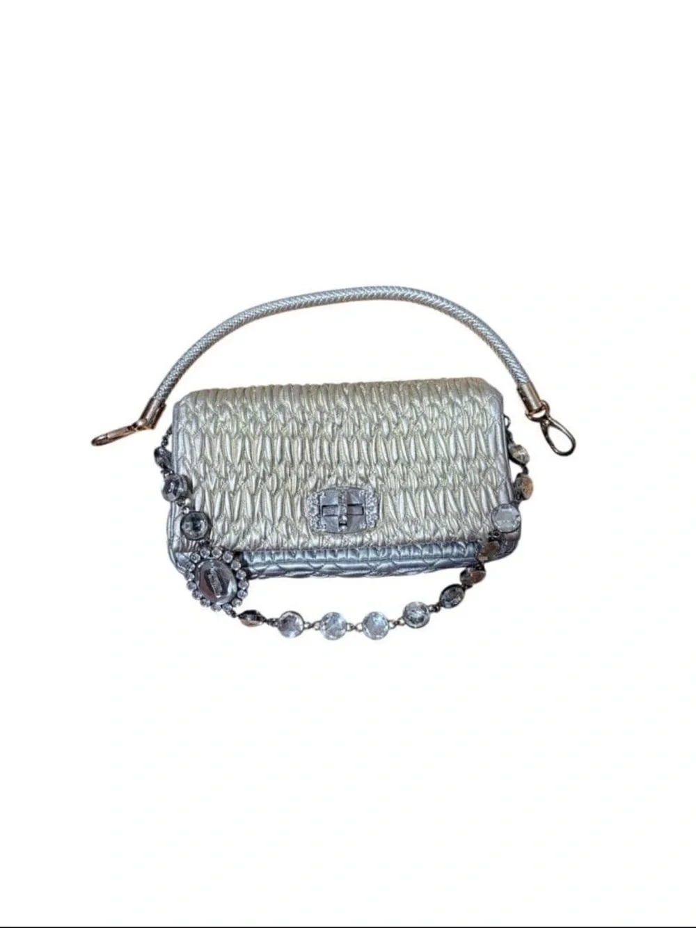 Miu Miu Shimmery Silver Quilted Evening Clutch with Jeweled Strap